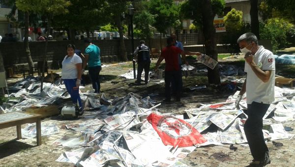 This photo taken on July 20, 2015 shows the scene after an explosion in the town of Suruc in Sanliurfa, on July 20, 2015, not far from the Syrian border - Sputnik International