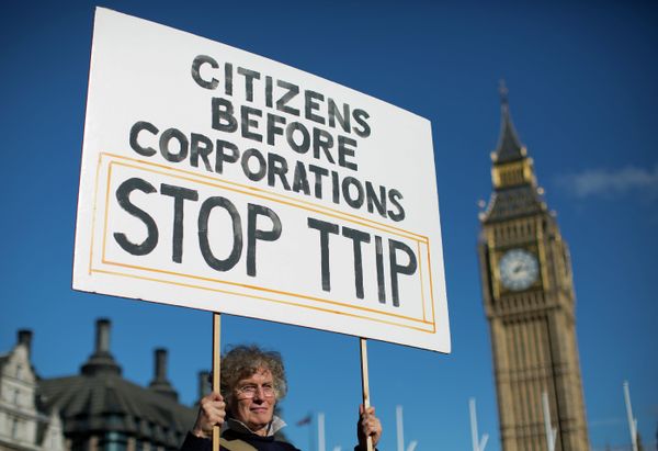A woman demonstrates in central London on October 11, 2014, against the proposed Transatlantic Trade and Investment Partnership (TTIP). A woman demonstrates in central London on October 11, 2014, against the proposed Transatlantic Trade and Investment Partnership (TTIP). - Sputnik International