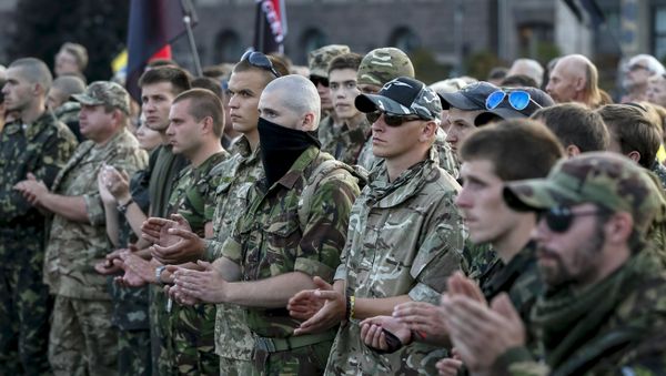 Members of the far-right radical group Right Sector and their supporters attend an anti-government rally in Kiev, Ukraine, July 21, 2015 Members of the far-right radical group Right Sector and their supporters attend an anti-government rally in Kiev, Ukraine, July 21, 2015 - Sputnik International