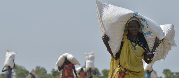 A woman carries a sack of food aid after a food-drop in a field on February 23, 2015 at a village in Nyal, Panyijar county, near the northern border with Sudan A woman carries a sack of food aid after a food-drop in a field on February 23, 2015 at a village in Nyal, Panyijar county, near the northern border with Sudan - Sputnik International