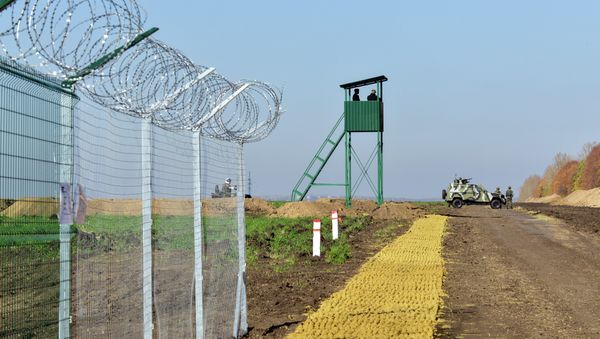 Urkainian border guards stand near an Armoured Personnel Carrier (APCs) parked near a newly constructed part of the border near the Goptivka border crossing on the Urkainian-Russian border, north of Kharkiv, eastern Ukraine, on October 15, 2014 - Sputnik International