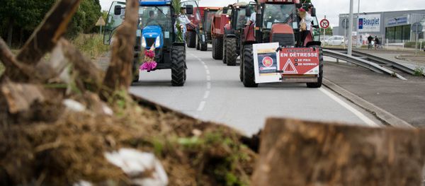 Farmers block the road with tractors, on one of which a placard reads 'Farmers in distress, more prices, less regulation', as they protest near the Lactalis dairy factory during a demonstration against the low sales prices of their production, on July 27, 2015 in Laval, western France - Sputnik International