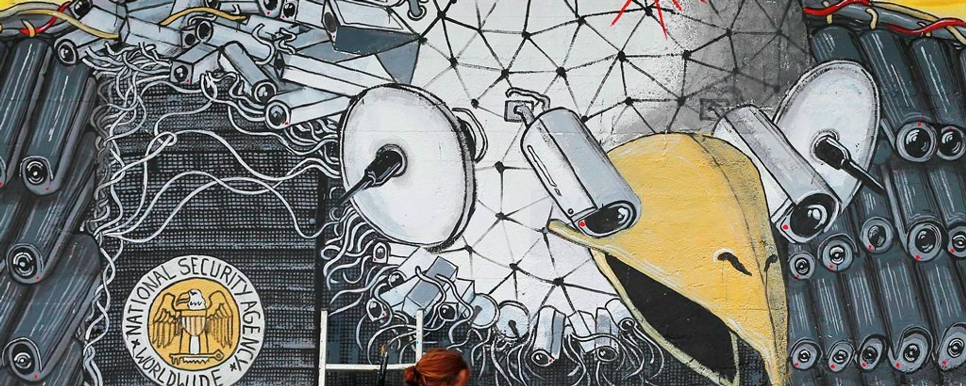 Artist A. Signl, of the artist group Captain Borderline paints the mural 'Surveillance of the fittest' at a wall in Cologne, Germany, Thursday, Oct. 24, 2013. Artist A. Signl, of the artist group Captain Borderline paints the mural 'Surveillance of the fittest' at a wall in Cologne, Germany, Thursday, Oct. 24, 2013. - Sputnik International, 1920, 14.12.2021
