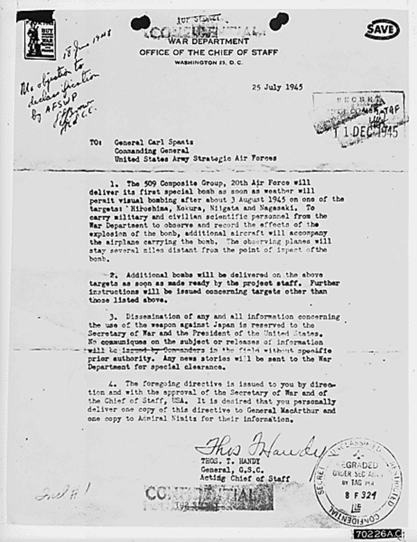 Letter received from General Thomas Handy to General Carl Spaatz authorizing the dropping of the first atomic bomb. - Sputnik International