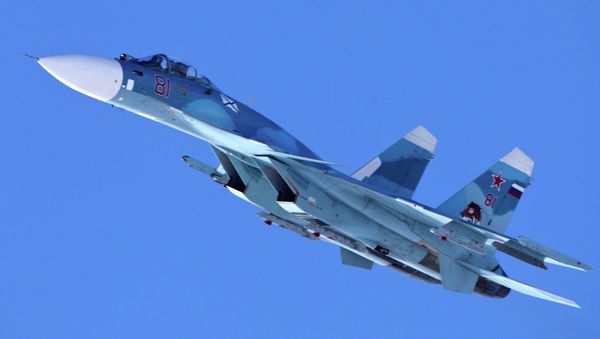 Carrier-based Sukhoi Su-33 jet fighter of the 279th Shipborne Fighter Aviation Regiment of the Northern Fleet on a training mission over Severomorsk-3 aerodrome - Sputnik International