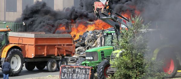 French farmers gather in front of Lactalis' factory, Monday, July 27, 2015, in Laval, western France in order to protest against importation of foreign meat and milk products in France French farmers gather in front of Lactalis' factory, Monday, July 27, 2015, in Laval, western France in order to protest against importation of foreign meat and milk products in France - Sputnik International