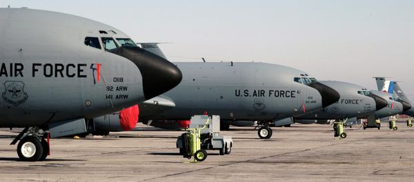 A lineup of US air force KC-135 tanker planes seen at the Manas air base in Bishkek, Kyrgyzstan. File photo - Sputnik International