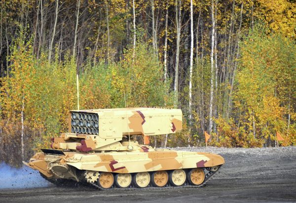 The TOS-1 Buratino multiple rocket launcher during a demonstration at the International Exhibition of Arms, Military Equipment and Ammunition, held in the city of Nizhny Tagil - Sputnik International