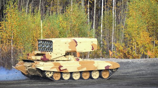 The TOS-1 Buratino multiple rocket launcher during a demonstration at the International Exhibition of Arms, Military Equipment and Ammunition, held in the city of Nizhny Tagil - Sputnik International