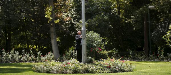 Gary Thompson, overseas security manager at Britain's Foreign and Commonwealth Office, raises the Union flag at British Embassy in Tehran, Iran Gary Thompson, overseas security manager at Britain's Foreign and Commonwealth Office, raises the Union flag at British Embassy in Tehran, Iran - Sputnik International