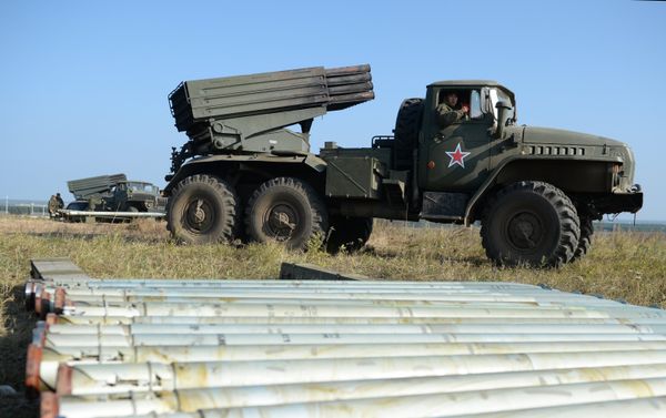 Deployment of Uragan Multiple-Launch Rocket System during an exercise in missile strike and artillery fire control at the Chebarkul firing range of the Central Military District in the Chelyabinsk Region - Sputnik International
