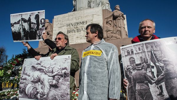 Antifascists hold an action protesting public events held on the occasion of the day of memory of the Latvian Legion Waffen-SS at the Freedom Monument in Riga Antifascists hold an action protesting public events held on the occasion of the day of memory of the Latvian Legion Waffen-SS at the Freedom Monument in Riga - Sputnik International