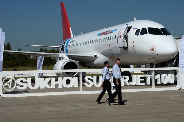 The Sukhoi Superjet 100, presented at the 2015 MAKS air show's opening ceremony in Zhukovsky, outside Moscow. The Sukhoi Superjet 100, presented at the 2015 MAKS air show's opening ceremony in Zhukovsky, outside Moscow. - Sputnik International