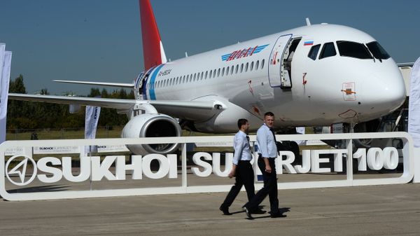 The Sukhoi Superjet 100, presented at the 2015 MAKS air show's opening ceremony in Zhukovsky, outside Moscow. The Sukhoi Superjet 100, presented at the 2015 MAKS air show's opening ceremony in Zhukovsky, outside Moscow. - Sputnik International