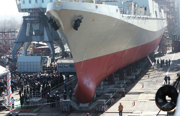 The Admiral Grigorovich frigate, designed for the Russian Black Sea Fleet, before a launching ceremony in the shipyards of the Yantar Baltic shipbuilding plan - Sputnik International