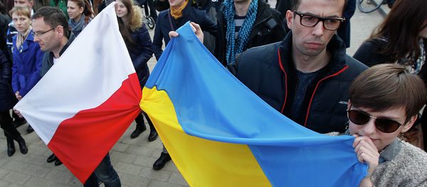 People holding Polish and Ukrainian flags, listening to speakers during a demonstration in Warsaw, showing their support for the Maidan protests in Ukraine, February 23, 2014. People holding Polish and Ukrainian flags, listening to speakers during a demonstration in Warsaw, showing their support for the Maidan protests in Ukraine, February 23, 2014. - Sputnik International
