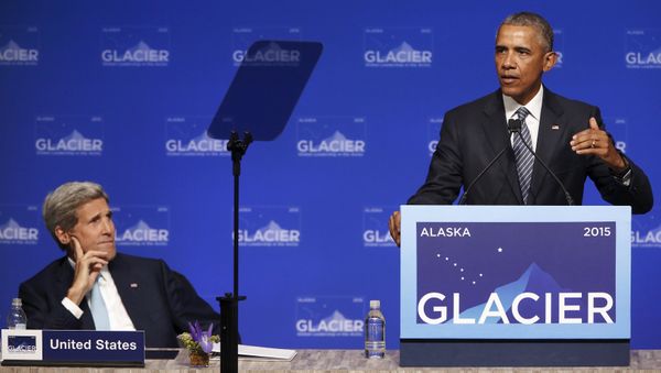 U.S. President Barack Obama is flanked by Secretary of State John Kerry as he delivers remarks to the GLACIER Conference at the Dena'ina Civic and Convention Center in Anchorage, Alaska August 31, 2015 U.S. President Barack Obama is flanked by Secretary of State John Kerry as he delivers remarks to the GLACIER Conference at the Dena'ina Civic and Convention Center in Anchorage, Alaska August 31, 2015 - Sputnik International