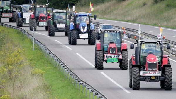 French farmers from Lorraine region drive their tractors on the A4 motorway in the Champagne-Ardenne region, eastern France, September 2, 2015 - Sputnik International