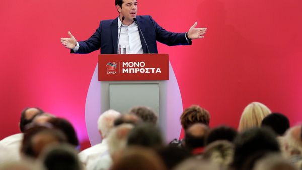 Outgoing Greek Prime Minister and the Syriza party leader Alexis Tsipras speaks to a gathering of his party members in Athens, on Saturday, Aug. 29, 2015. Outgoing Greek Prime Minister and the Syriza party leader Alexis Tsipras speaks to a gathering of his party members in Athens, on Saturday, Aug. 29, 2015. - Sputnik International