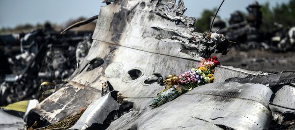 This photo taken on July 26, 2014 shows flowers, left by parents of an Australian victim of the crash, laid on a piece of the Malaysia Airlines plane MH17, near the village of Hrabove (Grabove), in the Donetsk region This photo taken on July 26, 2014 shows flowers, left by parents of an Australian victim of the crash, laid on a piece of the Malaysia Airlines plane MH17, near the village of Hrabove (Grabove), in the Donetsk region - Sputnik International