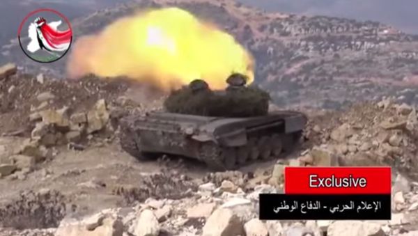 Screen from a video purportedly showing Russian forces engaged in combat with anti-Assad forces in Syria. - Sputnik International
