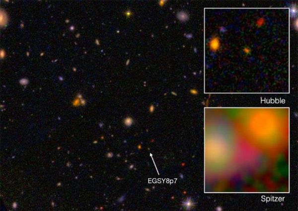 This is galaxy EGS8p7, as seen from the Hubble Space Telescope (wide and top right) and Spitzer Space Telescope (inset, bottom right), taken in infrared. This is galaxy EGS8p7, as seen from the Hubble Space Telescope (wide and top right) and Spitzer Space Telescope (inset, bottom right), taken in infrared. - Sputnik International