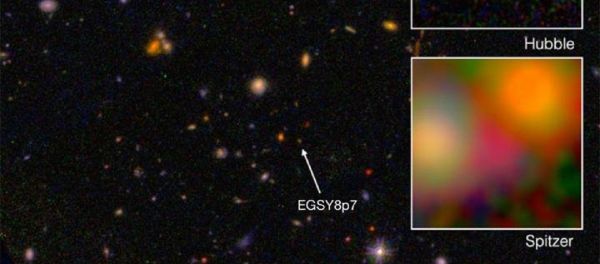 This is galaxy EGS8p7, as seen from the Hubble Space Telescope (wide and top right) and Spitzer Space Telescope (inset, bottom right), taken in infrared. This is galaxy EGS8p7, as seen from the Hubble Space Telescope (wide and top right) and Spitzer Space Telescope (inset, bottom right), taken in infrared. - Sputnik International