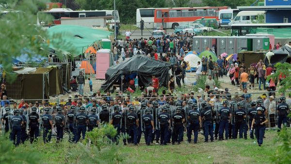 Police officers guard a local refugee camp in the village of Roszke at the Serbian-Hungarian border on September 4, 2015 where migrants are being held Police officers guard a local refugee camp in the village of Roszke at the Serbian-Hungarian border on September 4, 2015 where migrants are being held - Sputnik International