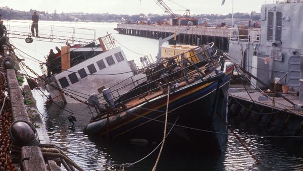 (FILES) -- A file picture taken on August 14, 1985 shows the Greenpeace ecologist organization boat Rainbow Warrior which was sunk in the bay of Auckland on July 10, 1985 by French secret services, as it was en route to Pacific Ocean to protest against French nuclear tests - Sputnik International