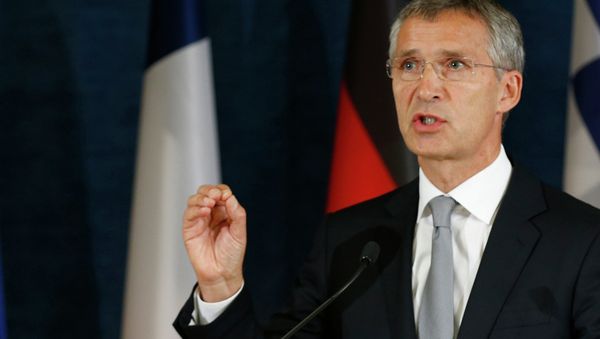 NATO Secretary General Jens Stoltenberg, left, addresses the media at a news conference at the NATO Force Integration Unit Headquarters in Vilnius, Lithuania, Thursday, Sept. 3, 2015. NATO Secretary General Jens Stoltenberg, left, addresses the media at a news conference at the NATO Force Integration Unit Headquarters in Vilnius, Lithuania, Thursday, Sept. 3, 2015. - Sputnik International