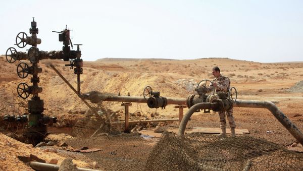 A member of the Syrian government forces stands next to a well at Jazel oil field, near the ancient city of Palmyra in the east of Homs province. - Sputnik International