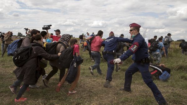 Hungarian police officers stop migrants as they try to escape on a field nearby a collection point in the village of Roszke, Hungary, September 8, 2015. Hungarian police officers stop migrants as they try to escape on a field nearby a collection point in the village of Roszke, Hungary, September 8, 2015. - Sputnik International