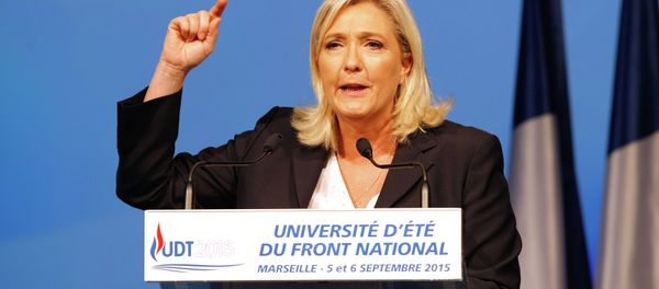 President of France's far right National Front party Marine Le Pen, delivers her speech during their summer meeting, in Marseille, southern France, Saturday, Sep. 6, 2015. - Sputnik International
