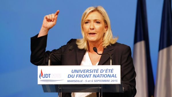 President of France's far right National Front party Marine Le Pen, delivers her speech during their summer meeting, in Marseille, southern France, Saturday, Sep. 6, 2015. President of France's far right National Front party Marine Le Pen, delivers her speech during their summer meeting, in Marseille, southern France, Saturday, Sep. 6, 2015. - Sputnik International