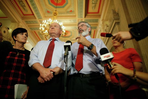Sinn Fein party leader Gerry Adams, right, and Martin McGuinness speak to the media at Parliament Buildings, Stormont, Belfast, Northern Ireland, Thursday, Sept. 10, 2015. - Sputnik International