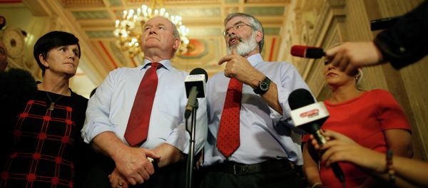 Sinn Fein party leader Gerry Adams, right, and Martin McGuinness speak to the media at Parliament Buildings, Stormont, Belfast, Northern Ireland, Thursday, Sept. 10, 2015. Sinn Fein party leader Gerry Adams, right, and Martin McGuinness speak to the media at Parliament Buildings, Stormont, Belfast, Northern Ireland, Thursday, Sept. 10, 2015. - Sputnik International