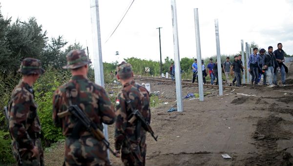 Hungarian soldiers stand guard as migrants cross at the border near Roszke, Hungary September 12, 2015 - Sputnik International