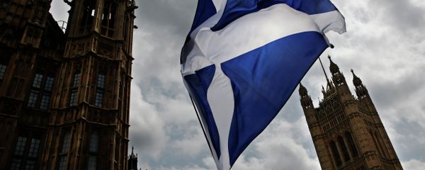 A member of public flies a giant Scottish Saltire flag outside the Houses of Parliament shortly before Scotland First Minister Nicola Sturgeon posed with newly-elected Scottish National Party (SNP) MPs during a photocall in London on May 11, 2015 A member of public flies a giant Scottish Saltire flag outside the Houses of Parliament shortly before Scotland First Minister Nicola Sturgeon posed with newly-elected Scottish National Party (SNP) MPs during a photocall in London on May 11, 2015 - Sputnik International