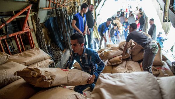 Unloading Russian EMERCOM plane with humanitarian aid which arrived to Latakia Airport in Syria Unloading Russian EMERCOM plane with humanitarian aid which arrived to Latakia Airport in Syria - Sputnik International