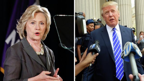 This combination of file photos shows Democratic presidential candidate Hillary Clinton(R) speaking at New York University in New York on July 24, 2015 and US Republican presidential candidate Donald Trump exiting the New York Supreme Court after morning jury duty on August 17, 2015 in New York - Sputnik International