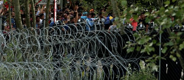 Hungarian riot police secure the border as migrants attempt to break out from the no-man's land between the two countries at the Hungarian-Serbian border of Roszke station - Sputnik International