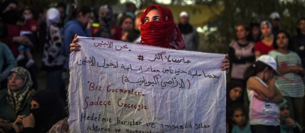 A Syrian woman stands holding a banner that reads in Turkish ''we are migrants, we will pass'' and in Arabic (top),  We are only crossing, our aim is peaceful to secure humanitarian passage allowing refugees to enter Greece  near the highway, on their way to the border between Turkey and Greece - Sputnik International