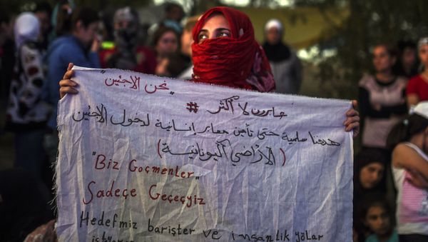 A Syrian woman stands holding a banner that reads in Turkish ''we are migrants, we will pass'' and in Arabic (top), We are only crossing, our aim is peaceful to secure humanitarian passage allowing refugees to enter Greece near the highway, on their way to the border between Turkey and Greece A Syrian woman stands holding a banner that reads in Turkish ''we are migrants, we will pass'' and in Arabic (top), We are only crossing, our aim is peaceful to secure humanitarian passage allowing refugees to enter Greece near the highway, on their way to the border between Turkey and Greece - Sputnik International