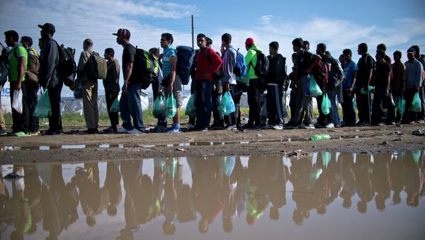 Migrants and refugees queue at a camp to register after crossing the Greek-Macedonian border near the town of Gevgelija on September 21, 2015 Migrants and refugees queue at a camp to register after crossing the Greek-Macedonian border near the town of Gevgelija on September 21, 2015 - Sputnik International