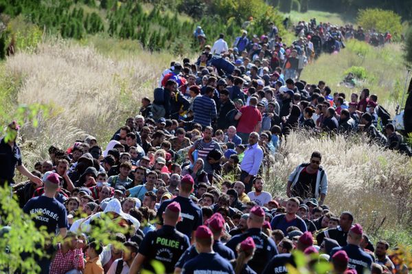 Directed by Hungarian police officers, migrants make their way through the countryside after they crossed the Hungarian-Croatian border near the village of Zakany in Hungary to continue their trip north on September 21, 2015. Directed by Hungarian police officers, migrants make their way through the countryside after they crossed the Hungarian-Croatian border near the village of Zakany in Hungary to continue their trip north on September 21, 2015. - Sputnik International