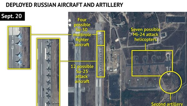 An Airbus Defence and Space satellite image courtesy of Stratfor, a geopolitical intelligence and advisory firm in Austin, Texas, shows at least 16 Russian combat aircraft stationed at the Bassel al Assad air base near the Syrian town of Latakia September 20, 2015 An Airbus Defence and Space satellite image courtesy of Stratfor, a geopolitical intelligence and advisory firm in Austin, Texas, shows at least 16 Russian combat aircraft stationed at the Bassel al Assad air base near the Syrian town of Latakia September 20, 2015 - Sputnik International