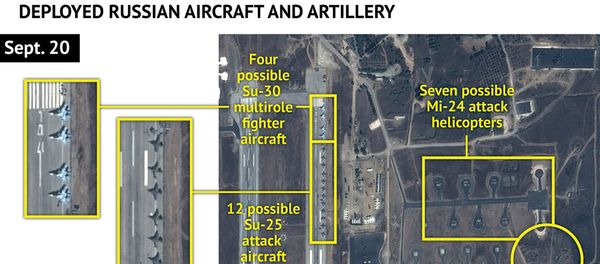 An Airbus Defence and Space satellite image courtesy of Stratfor, a geopolitical intelligence and advisory firm in Austin, Texas, shows at least 16 Russian combat aircraft stationed at the Bassel al Assad air base near the Syrian town of Latakia September 20, 2015 An Airbus Defence and Space satellite image courtesy of Stratfor, a geopolitical intelligence and advisory firm in Austin, Texas, shows at least 16 Russian combat aircraft stationed at the Bassel al Assad air base near the Syrian town of Latakia September 20, 2015 - Sputnik International