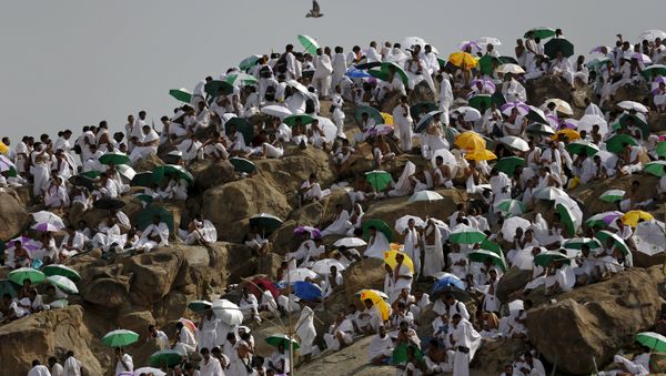 Muslim pilgrims pray on Mount Mercy on the plains of Arafat during the annual haj pilgrimage, outside the holy city of Mecca Muslim pilgrims pray on Mount Mercy on the plains of Arafat during the annual haj pilgrimage, outside the holy city of Mecca - Sputnik International