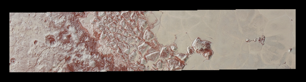 This image reveals features as small as 270 yards (250 meters) across, from craters to faulted mountain blocks, to the textured surface of the vast basin informally called Sputnik Planum. This image reveals features as small as 270 yards (250 meters) across, from craters to faulted mountain blocks, to the textured surface of the vast basin informally called Sputnik Planum. - Sputnik International