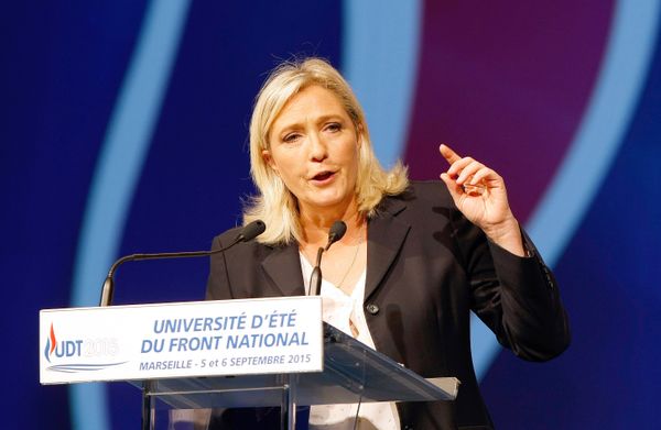 President of France's far right National Front party Marine Le Pen, delivers her speech during their summer meeting, in Marseille, southern France, Saturday, Sep. 6, 2015 - Sputnik International